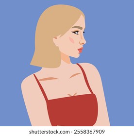 Minimalist profile illustration of a blonde woman in a red dress. Neutral background with clean design. Great for beauty, fashion, and lifestyle concepts