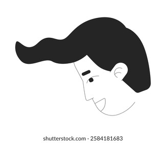 Minimalist profile of smiling man with wavy hairstyle black and white 2D line character. Stylized face male, artistic expression isolated vector outline person. Monochromatic spot illustration