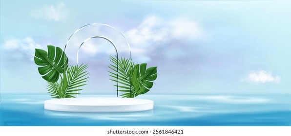 Minimalist promotion setting with transparent glass arch, green palm and monstera leaves behind white circular product podium standing on blue water surface background with soft clouds on sky.