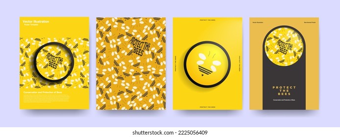 
Minimalist Protect The Bees Poster Set. Flat Bee Pattern on dark and honeycomb backgrounds. Editable with copy space. For posters, cards, covers, leaflets, flyers, brochures, documents. EPS 10.