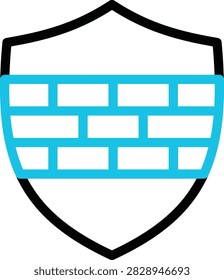 Minimalist protection shield icon with a blue brick wall pattern inside a black outline. Line art vector symbol for firewall protection, network security, cyber defense, data barrier, and system safety in UI UX design.