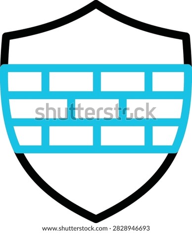 Minimalist protection shield icon with a blue brick wall pattern inside a black outline. Line art vector symbol for firewall protection, network security, cyber defense, data barrier, and system safety in UI UX design.