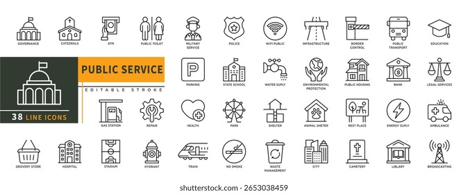 Ícones minimalistas da linha de serviço público definidos com traço editável, com governança, catedrais, atm, banheiro público, hospital, estádio, polícia, wifi, estacionamento, sem fumaça.