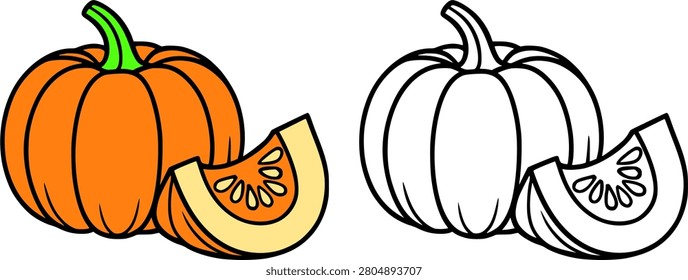 Minimalist pumpkin icon, line art and colored illustration, for coloring page