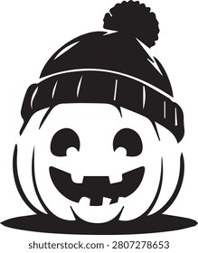 Minimalist pumpkin silhouette with beanie hat and happy expression, great for October graphics, cold weather Halloween, and playful branding.