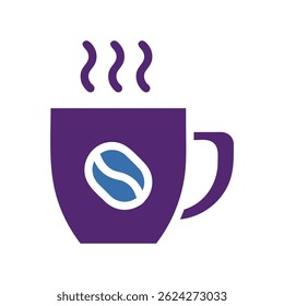 A minimalist purple coffee mug icon with steam rising and a blue bean