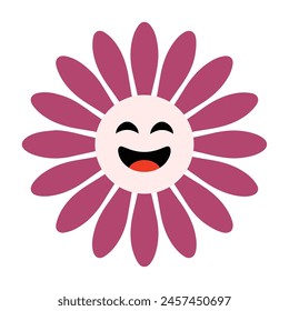 Minimalist purple cute smiley face with flower vector illustration , happy laughing cartoon