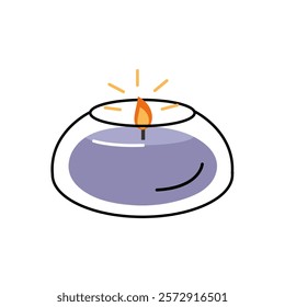 Minimalist purple jar candle illustration with glowing flame. cozy aromatic candle. Aromatherapy and relaxation. vector illustration 