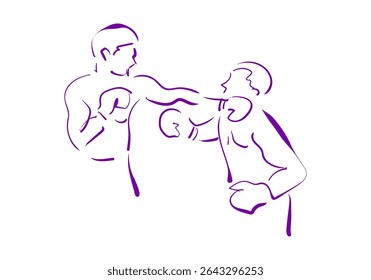 A minimalist purple line art illustration depicting two boxers in a dynamic fight