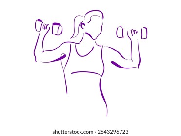 A minimalist purple line art illustration of a woman lifting dumbbells