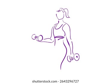 A minimalist purple line art illustration of a woman lifting dumbbells