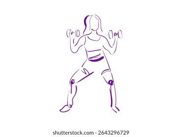 A minimalist purple line art illustration of a woman lifting dumbbells