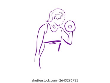 A minimalist purple line art illustration of a woman lifting dumbbells