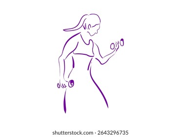 A minimalist purple line art illustration of a woman lifting dumbbells
