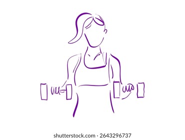 A minimalist purple line art illustration of a woman lifting dumbbells