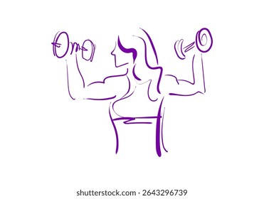 A minimalist purple line art illustration of a woman lifting dumbbells