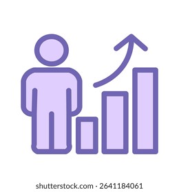 A minimalist purple vector icon showing a human figure next to an upward bar chart with an arrow. The illustration symbolizes personal development, achievement, career growth, and success. 