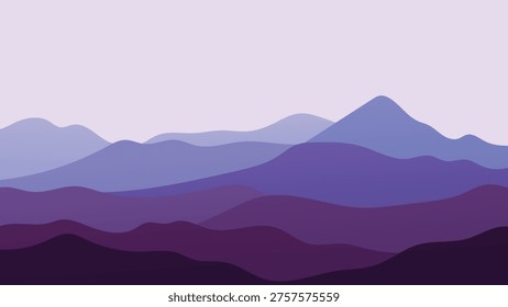 Minimalist purple vector landscape of layered mountains and misty hills in twilight sky