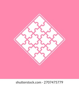 Modelo minimalista del rompecabezas que forma una forma del diamante en un fondo rosado brillante, que simboliza la conexión, la resolución de problemas, la creatividad, y el trabajo en equipo en un estilo moderno audaz.
