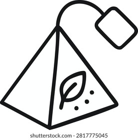 Minimalist pyramid teabag vector line art illustration with leaf icon and string tag isolated on a white background.