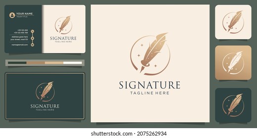 Minimalist quill feather design.pen signature handwriting circle frame logo and business card design