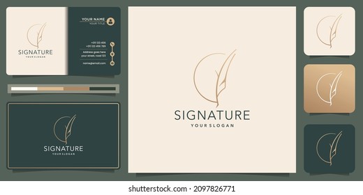 Minimalist quill feather design.pen signature handwriting circle frame logo and business card design