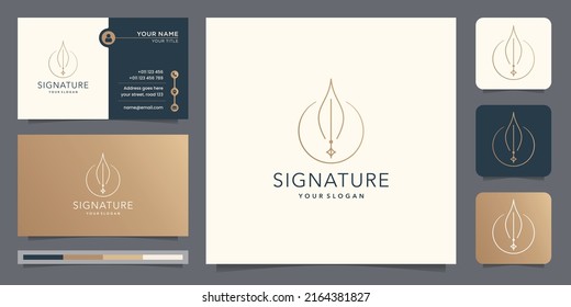 minimalist Quill feather logo inspiration signature feather with circle frame and business card