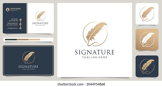 Minimalist Quill Feather Pen Signature Handwriting Circle Frame Logo And Business Card Design.