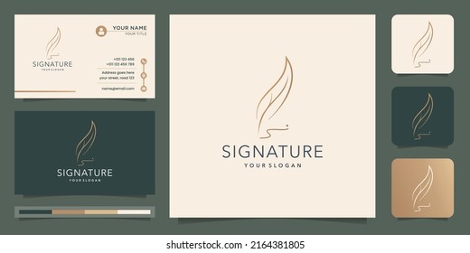 Minimalist quill feather pen signature handwriting, curved frame logo and business card design.