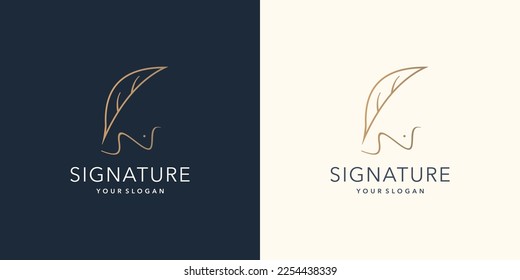 Minimalist quill feather pen signature logo design. handwriting concept logo and design golden color