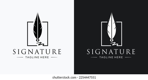 Minimalist quill feather pen signature handwriting square frame logo business design.	