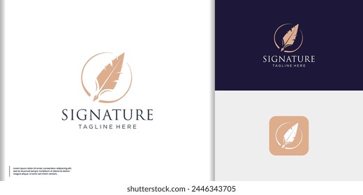 Minimalist quill feather pen signature handwriting circle frame logo design.