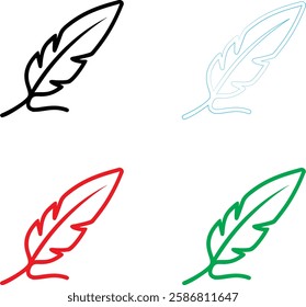 Minimalist quill pen icon, simple line drawing, colorful variations, red green blue black, feather design, ink bottle, 2D illustration, clean vector style, graphic design element, writing symbol, lite