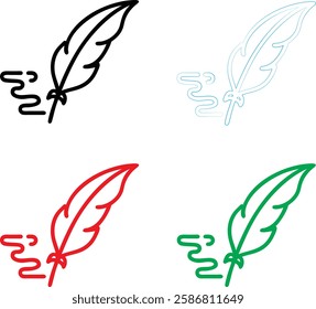 Minimalist quill pen icon, simple line drawing, colorful variations, red green blue black, feather design, ink bottle, 2D illustration, clean vector style, graphic design element, writing symbol, lite