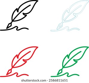 Minimalist quill pen icon, simple line drawing, colorful variations, red green blue black, feather design, ink bottle, 2D illustration, clean vector style, graphic design element, writing symbol, lite