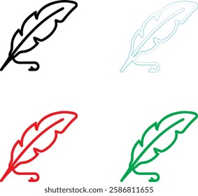 Minimalist quill pen icon, simple line drawing, colorful variations, red green blue black, feather design, ink bottle, 2D illustration, clean vector style, graphic design element, writing symbol, lite