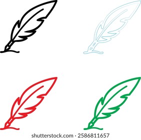 Minimalist quill pen icon, simple line drawing, colorful variations, red green blue black, feather design, ink bottle, 2D illustration, clean vector style, graphic design element, writing symbol, lite