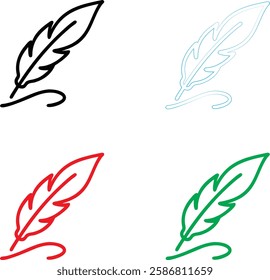 Minimalist quill pen icon, simple line drawing, colorful variations, red green blue black, feather design, ink bottle, 2D illustration, clean vector style, graphic design element, writing symbol, lite