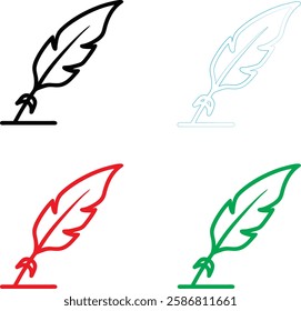 Minimalist quill pen icon, simple line drawing, colorful variations, red green blue black, feather design, ink bottle, 2D illustration, clean vector style, graphic design element, writing symbol, lite