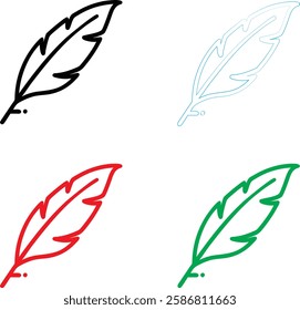 Minimalist quill pen icon, simple line drawing, colorful variations, red green blue black, feather design, ink bottle, 2D illustration, clean vector style, graphic design element, writing symbol, lite