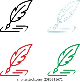 Minimalist quill pen icon, simple line drawing, colorful variations, red green blue black, feather design, ink bottle, 2D illustration, clean vector style, graphic design element, writing symbol, lite