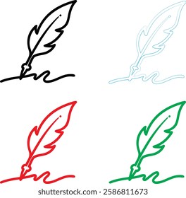 Minimalist quill pen icon, simple line drawing, colorful variations, red green blue black, feather design, ink bottle, 2D illustration, clean vector style, graphic design element, writing symbol, lite