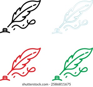 Minimalist quill pen icon, simple line drawing, colorful variations, red green blue black, feather design, ink bottle, 2D illustration, clean vector style, graphic design element, writing symbol, lite