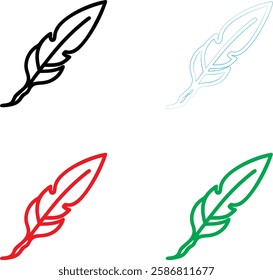 Minimalist quill pen icon, simple line drawing, colorful variations, red green blue black, feather design, ink bottle, 2D illustration, clean vector style, graphic design element, writing symbol, lite