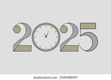 A minimalist and qunie 2025 vector design with clock, new year 2025, 2025, countdown clock, watch, happy new year