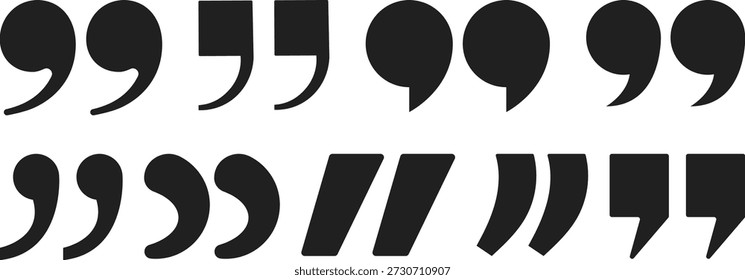 Iconos de comillas minimalistas en estilo negro audaz. Abstractas Elementos de puntuación tipográfica adecuados para Diseño gráfico, publicación, interfaces digitales y proyectos de marca modernos.