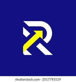 minimalist R  abstract corporate logo featuring a dynamic yellow arrow on a bold blue background, symbolizing growth and progress. Ideal for businesses seeking a modern, professional brand identity