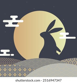 Minimalist rabbit and golden full moon on a starry night, amidst wavy lines on a dark background.Design for Chiness Mid-Autumn Festival banner, poster, greeting card or sale promotion,silhouette rabbt