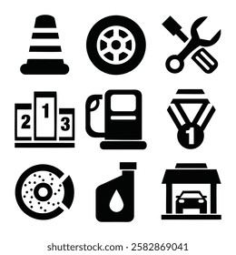 Minimalist Racing and Car Maintenance Pictograms with Vehicle Service Graphics, Mechanic Tools, Fuel Pump Icon, and Winner Podium for Automotive Industry