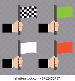 Bandeiras minimalistas de corrida seguradas por mãos. Ícones de sinal de automobilismo para projetos temáticos de automobilismo, materiais educacionais, corrida e marca de eventos. Ilustração vetorial
